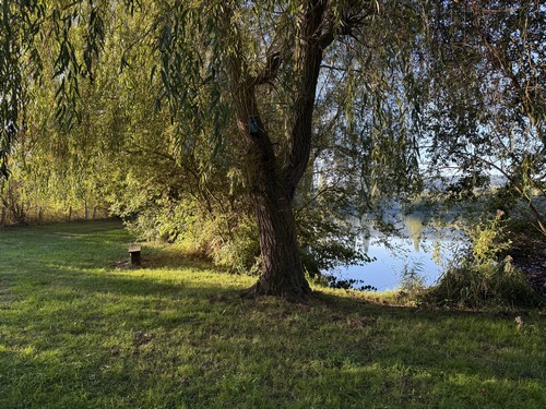 Un chemin est aménagé tout autour du plan d'eau, avec quelques tables de pique-nique et bancs. C'est un jour de semaine, il n'y a personne.