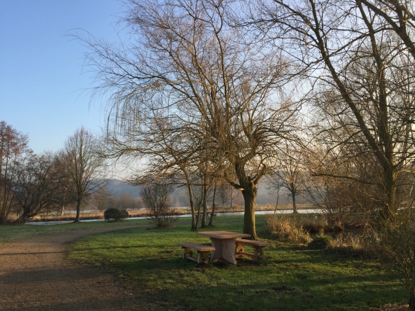 Condé-sur-Risle. Nous partons du parking des étangs, et commençons par suivre le chemin entre étang et Risle.