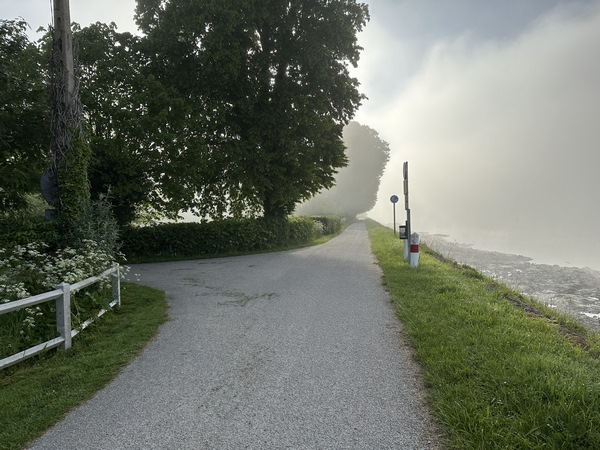 Nous suivons le chemin de halage sur 800 mètres, et allons tourner à gauche ici, à la Chaussée Saint Maur, peu avant le château de Trémauville. La Seine est couverte d'une brume matinale.
