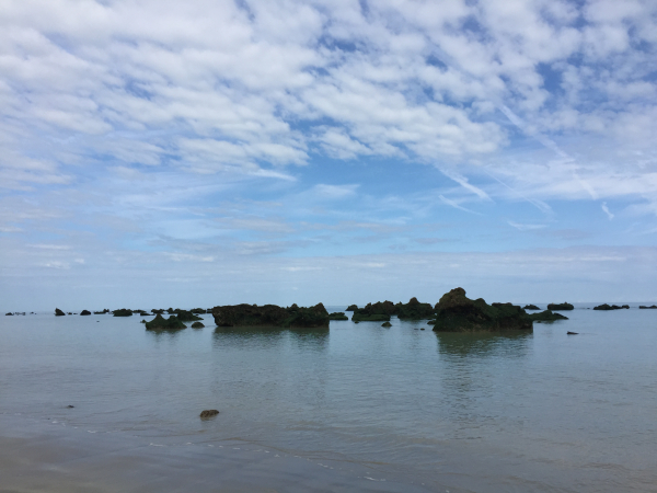A proximité de Sainte-Marguerite, la marée basse a découvert les rochers qui hérissent la côte.