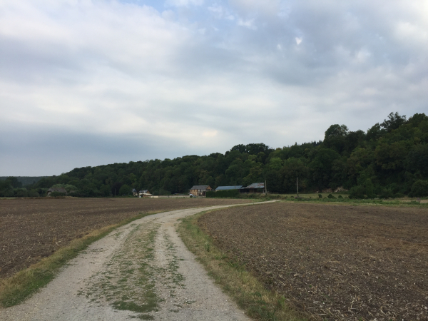 Nous suivons la rue du Moulin Heulin vers l'est. Regard arrière vers le Moulin Heulin.