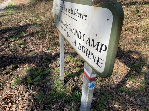 C'est au carrefour du Petit Charme que nous découvrons la première balise des Chemins du Mont-St-Michel. On voit aussi la balise rouge et blanche du GR2, que nous allons suivre jusqu'à Saint-Pierre.