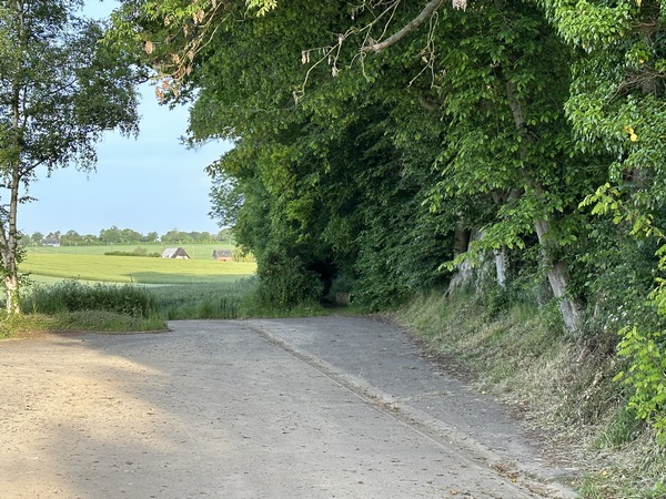 L'entrée de notre premier chemin est juste en face, discrète, au bout du parking du cimetière.