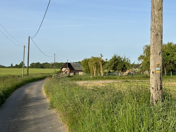 Nous suivons la route de la Bouillerie dans les paysages de la campagne du Roumois. On voit sur le poteau la balise bleue et la vignette des Chemins du Mont-St-Michel. Les balises sont un peu délavées en début d'étape.