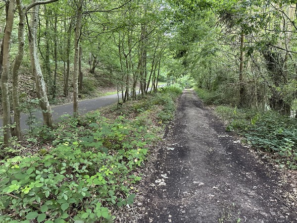 A proximité du Moulin Neuf, nous découvrons ce chemin parallèle à la Voie Verte. Il va nous éviter le bitume. Nous aurions pu le prendre plus tôt.
