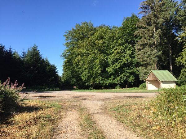 Nous arrivons au carrefour entre la route forestière de la Biche, celle du Chevreuil et la D62a. Au carrefour se trouve un abri pour les marcheurs.