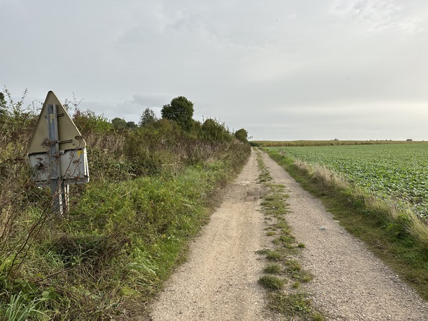 Nous longeons la voie ferrée. Comme l'indique la balise sur le panneau, nous allons bientôt tourner à droite sur le chemin qui traverse la plaine. du Boulay.