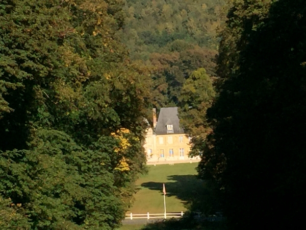 En bas, le château du Taillis, en partie caché par ses hautes futaies.