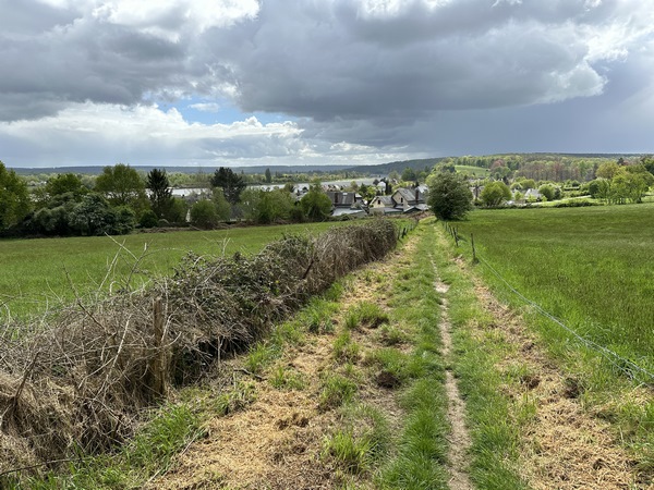 Le chemin sort de la forêt et descend droit vers Saint-Paul.