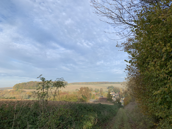 Lisors, montée du chemin du Bois Dubus, regard arrière sur la vallée du Fouillebroc.