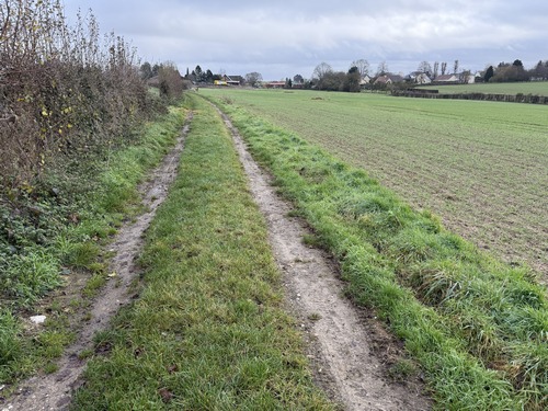 Nous tournons vers l'est. Malgré le passage des tracteurs sur une terre détrempée, les chemins de ce circuit préservent une bande centrale herbeuse qui évite au randonneur de patauger.