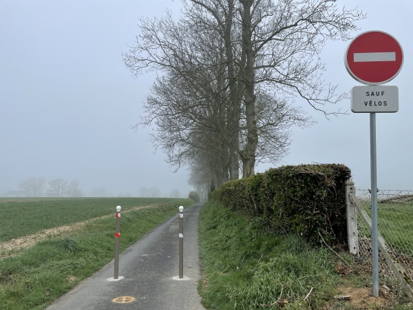 La rue du Mouchel est une petite route réservée aux cyclistes et aux marcheurs. Nous allons la suivre pour entrer dans Doudeville.