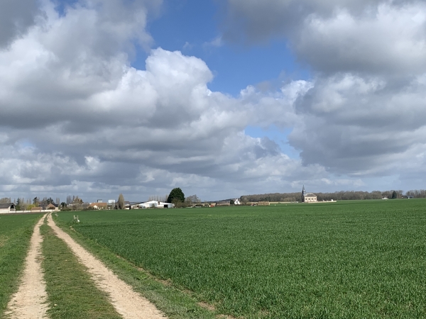 Le GR26 traverse les Longs Champs. Nous distinguons le Mesnil-Fuguet et son église en plein champ, excentrée du bourg.