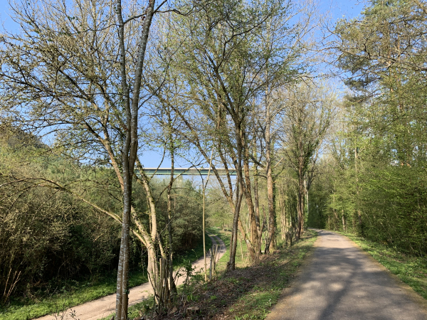Vallée du Bec. Nous marchons maintenant sur la Voie Verte, ancienne voie ferrée Evreux-Honfleur. On voit, plus loin, le Viaduc du Bec de l'A28.