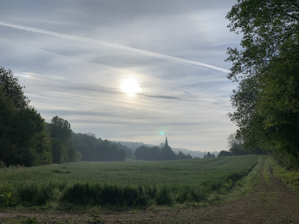 Chemin entre la Côte Monsieur et la ligne ferroviaire Rouen-Caen, regard arrière vers Ecaquelon.