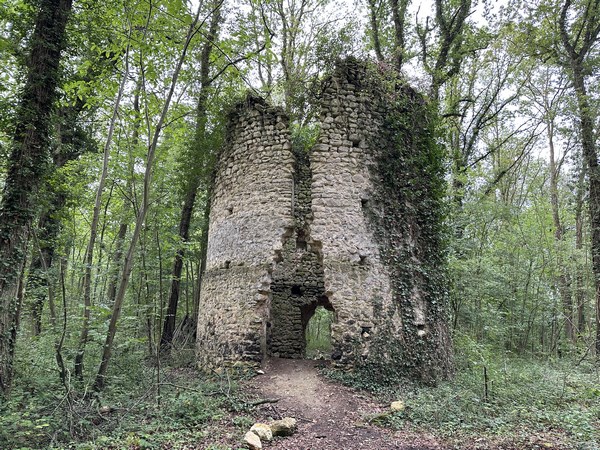 Nous passons devant le vénérable moulin des Rotoirs. Ancien moulin à vent d'une époque où la colline n'était pas boisée. Le moulin avait été aménagé sur une ancienne tour de guet. Une rue de St-Aubin, qui se dirige droit vers ici, porte encore le nom d'impasse du Moulin Brûlé.