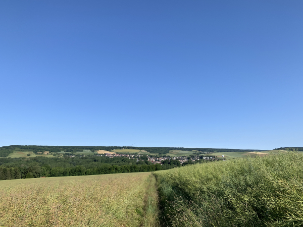 Si nous suivons ce chemin de St-Eustache, il nous conduira jusqu'à Gasny. Nous décidons de tourner vers l'est à mi-pente : nous traverserons l'Epte à Fourges.