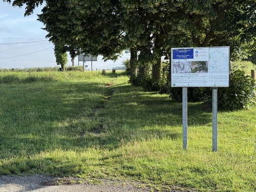 La Sente de l'Eglise (appelée autrefois Chemin de St-Jacques à Roncherolles), était l'une des entrées du village. Attention aux enfants, ce chemin qui prolonge la Sente est trompeur: la N31 est invisible d'ici mais passe juste derrière les deux bornes, et c'est une route très fréquentée.