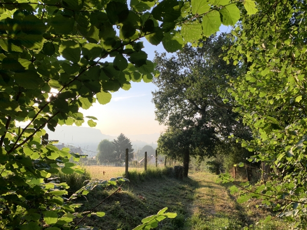 Avant d'entrer dans la partie boisée du chemin, nous jetons un regard arrière sur la vallée de la Lieure.