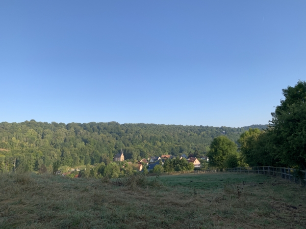 Nous voyons Fontaine-sous-Préaux au fond de la vallée. Nous serons sur l'autre coteau tout-à-l'heure. On voit que les deux coteaux du Robec sont ici couverts de bois