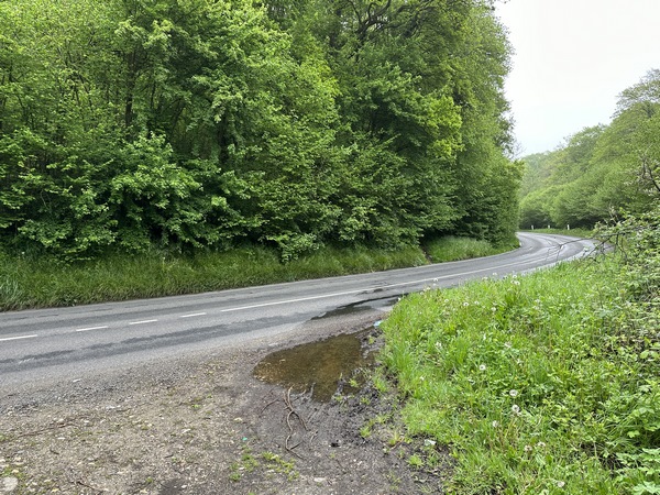 Nous traversons la D90 et allons continuer en face. On devine à peine l'entrée du chemin.