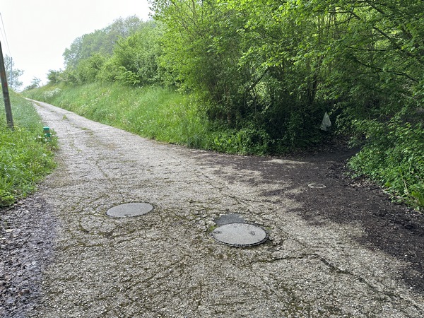 Un peu plus loin, se trouve l'entrée de notre chemin suivant. Il y a plusieurs entrées dans le bois, on reconnaît le bon chemin grâce aux deux plaques d'égouts.