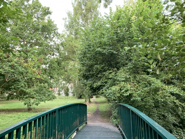 Nous nous sommes garés sur la Route de Dieppe, près de la piscine, et traversons le Cailly pour suivre la Promenade des Moulins à Papiers.