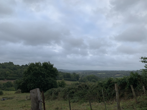 Avant d'obliquer vers le chemin de la Fontaine d'Aubigny, nous jetons un coup d'oeil sur la vallée de la Calonne. Le ciel est couvert et il pleut de temps en temps, mais imaginez la même chose un jour de beau temps !