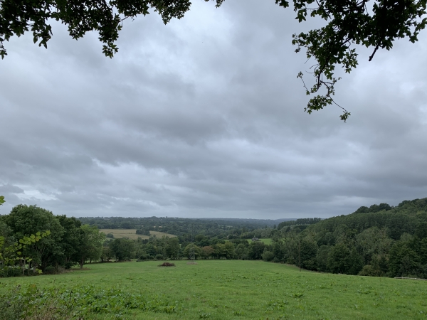 Chemin des Deserts, coup d'oeil sur la vallée de la Calonne. Nous sommes souvent au fond des chemins creux, mais de temps en temps, une trouée dans la végétation, souvent à l'occasion de l'entrée d'un champ, nous ouvre les perspectives de la vallée.
