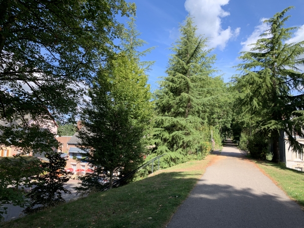 L'ancienne voie ferrée traversait Forges-les-Eaux. Nous allons la quitter et descendre à gauche pour fermer notre boucle.