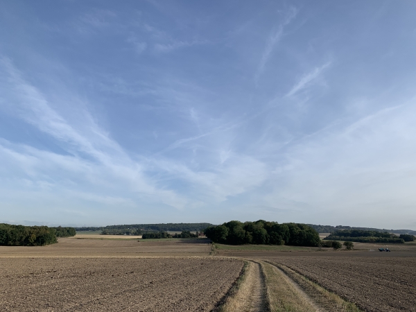 Nous partons maitenant droit vers le nord. Après avoir passé le hameau du Petit-Long, nous monterons sur la colline boisée, le bois de Canteleu, visible en arrière plan.