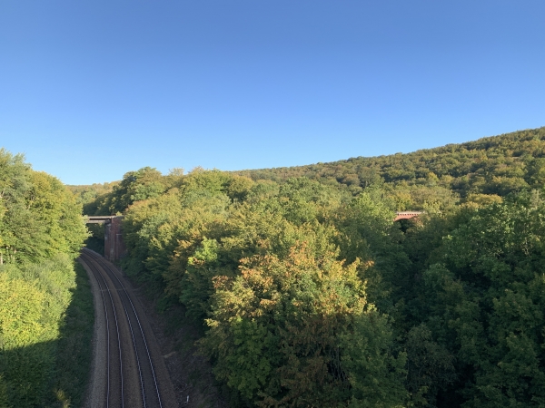 Depuis le viaduc des 7 piles, nous voyons à nos pieds la ligne Rouen-Caen, et en arrière plan on distingue le viaduc des 17 piles.