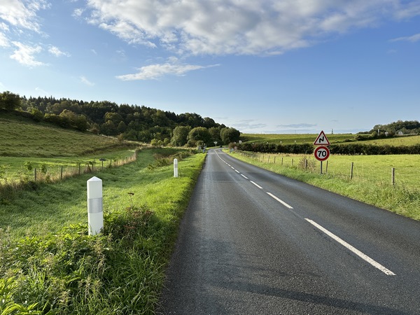 Nous rejoignons la D41 et la suivons sur 700 mètres. Notre prochain chemin se trouve dans le bois d'en face.