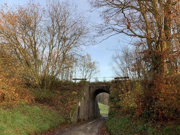 Nous passons sous le pont de l'ancienne voie du Chemin de Fer de Normandie qui reliait les lignes de Motteville et de Clères.