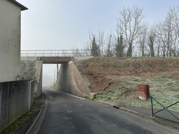 Nous pourrions rejoindre la Voie Verte par l'accès à droite, hors champ, mais nous ne résistons pas au plaisir de descendre jusqu'au bord de Seine, nous passons dessous.