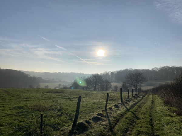 Voilà l'un des passages les plus sympathiques de ce circuit, la descente entre Fongueuse et St-Germain-des-Essourts, sublimée par le soleil bas d'une matinée d'hiver.