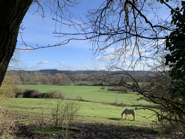 Notre chemin domine les vallées de la Charentonne et de la Risle qui se rejoignent ici.