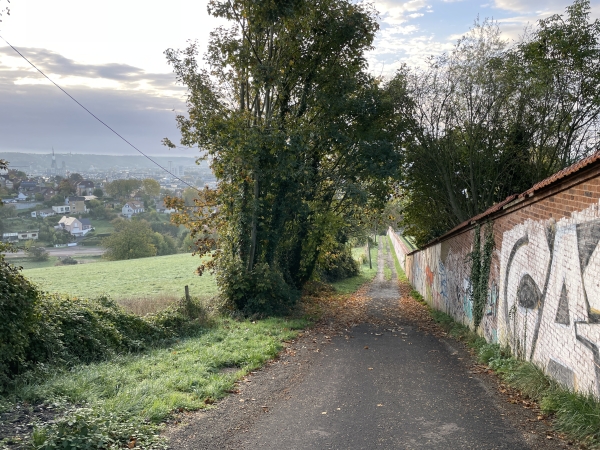 Nous descendons vers Rouen en suivant le Sentier de la Croix de l'Epine qui longe le Cimetière de l'Ouest.