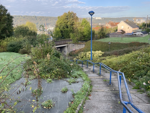 Nous suivons les rues au pied de la colline du Bois l'Archevêque, et à Déville-lès-Rouen nous descendons cet escalier pour rejoindre la rue des Ecoles.