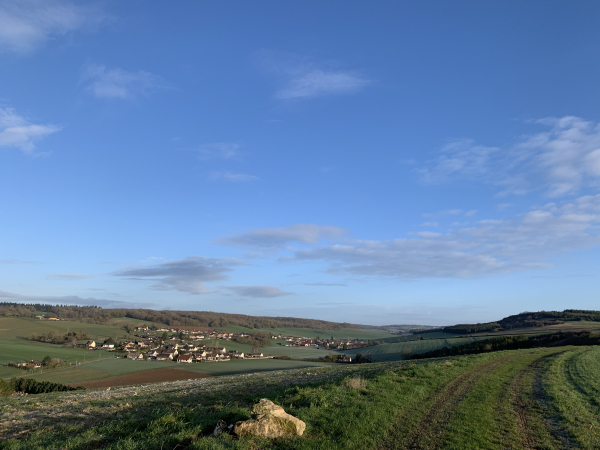 Notre chemin avance sur la crête de la colline, avec d'un côté la vallée de l'Epte (impossible à photographier en raison du soleil de face, mais oui !), et ici le vallon du Mesnil-Milon.