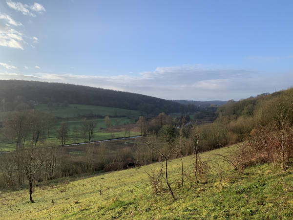 Le Chemin de la Chapelle St-Jean offre quelques panoramas sur la vallée de la Lieure et la forêt de Lyons. Si vous regardez bien, on voit un âne en face de nous.