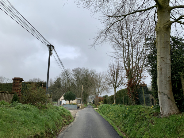 Nous sortons du bourg de Berville (Berville-en-Caux depuis 2017) par la rue du Bois. Berville est réputée pour son lin, exporté dans le monde entier.