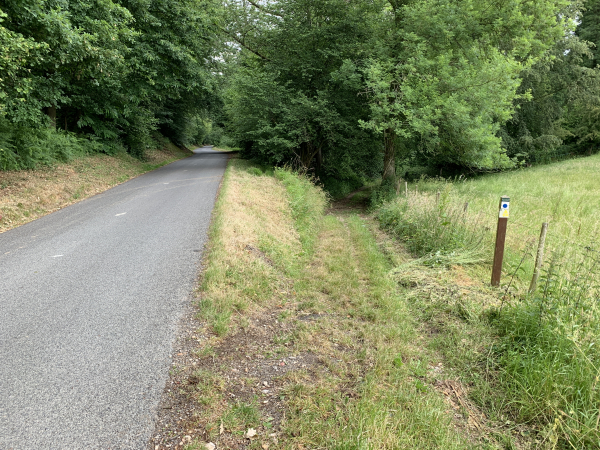 Après avoir suivi la D281 sur un kilomètre et demi, nous entrons en forêt domaniale. On voit à droite l'une des nombreuses balises de cet itinéraire.