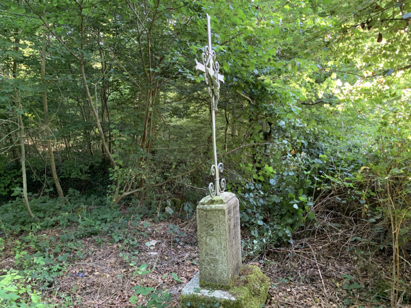 A la sortie du bois, nous passons près de ce calvaire. Sur sa base, il est gravé Ecce Homo, Restauré en 1892, et le nom de l'artisan A. Grout.