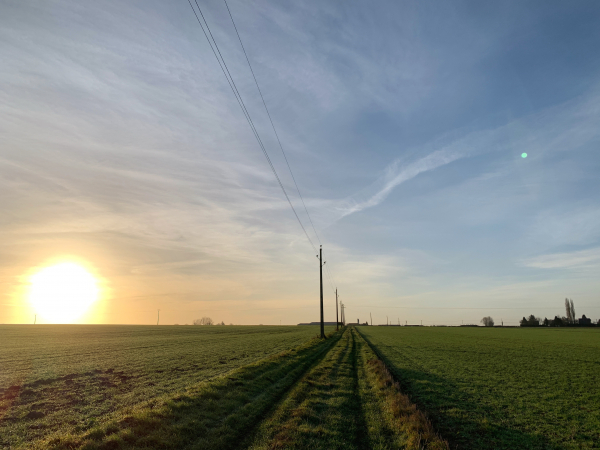 Comme on le voit, nous marchons plein sud dans la plaine agricole. A notre grande surprise, malgré un hiver pluvieux, les chemins de la plaine sont tout à fait praticables.