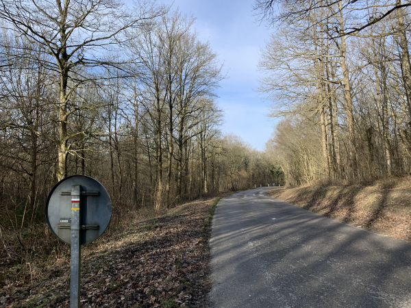 Nous suivons le GR125 sur cette route pour redescendre dans la vallée de la Lévrière. La balise jaune que l'on voit sous la marque du GR est celle de notre circuit. Les balises jaunes sont récentes et régulières.