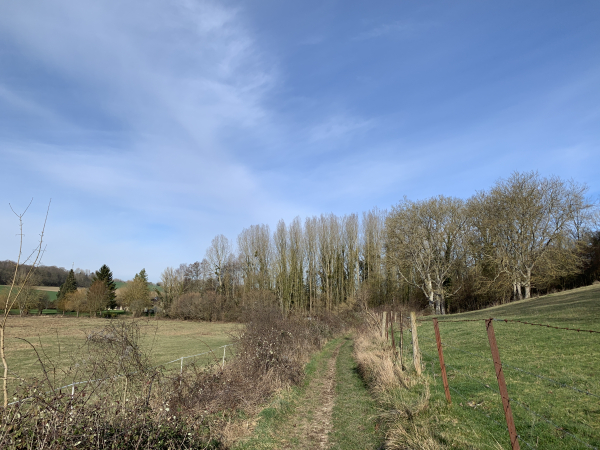 Nous longeons maintenant la Lévrière, quelque part sur notre droite se cache le château des Maunis.