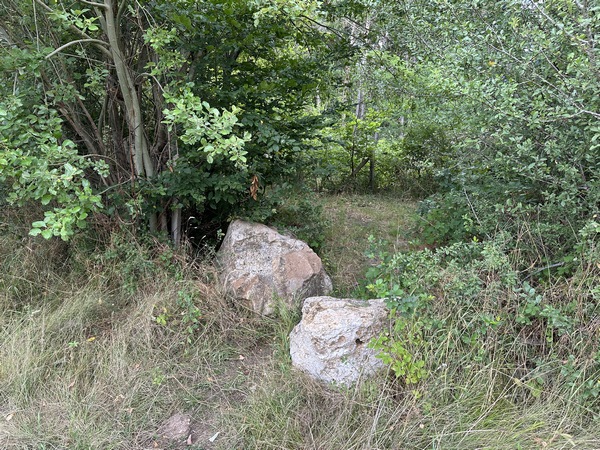 Sur le bord de la route, deux pierres indiquent la discrète entrée du sentier qui permet d'éviter la route.
