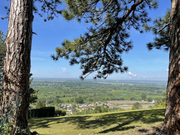 Une trouée nous permet de contempler la vallée de la Seine au pied du coteau forestier.