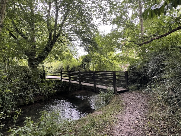 Deux passerelles se succèdent sur les bras de l'Authou.